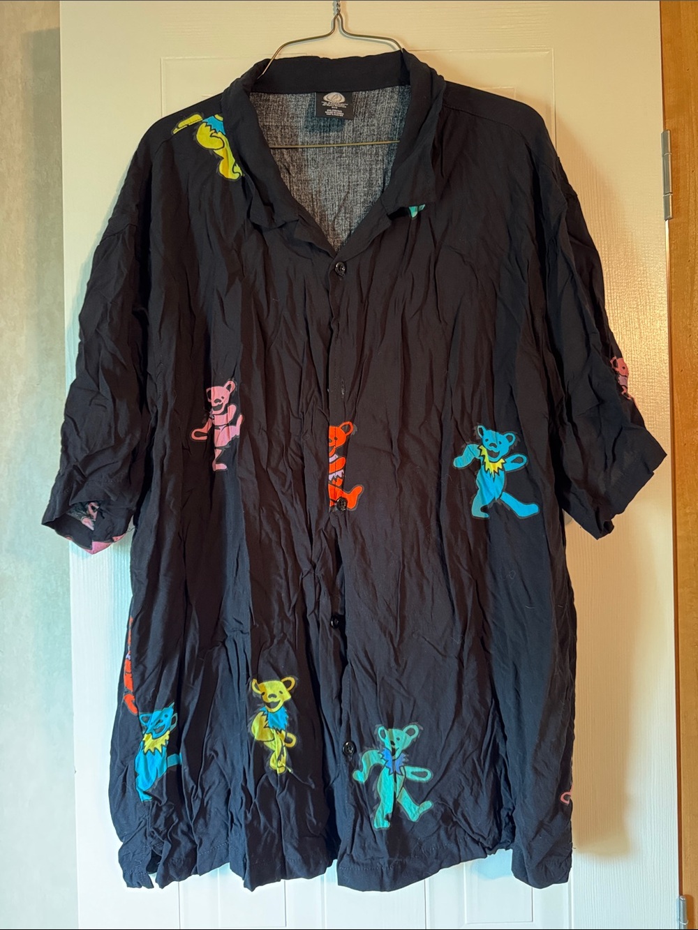 Casual Black Button-Down Shirt with Colorful Dancing Bear Motif